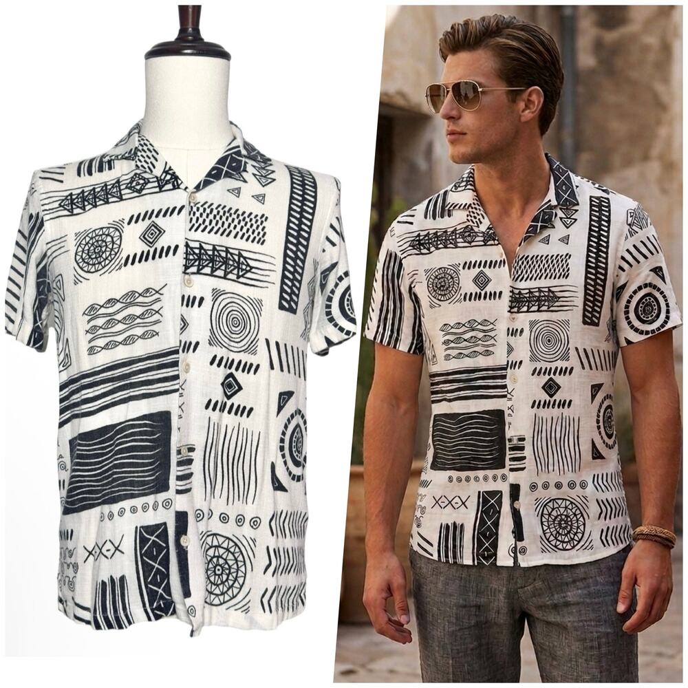 Zara | Men | Linen Blend Tribal Block Print Camp Button Up Shirt | Size Small